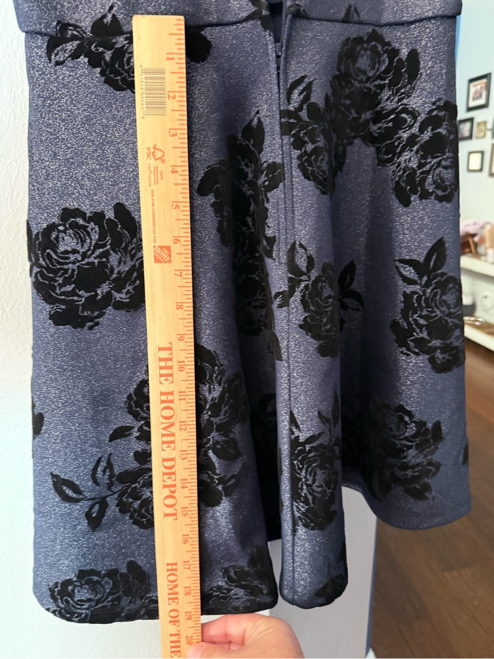Mi Ami Large Navy Blue Floral Midi Dress with Black Flocked Burnout Velvet Roses - Picture 7 of 7